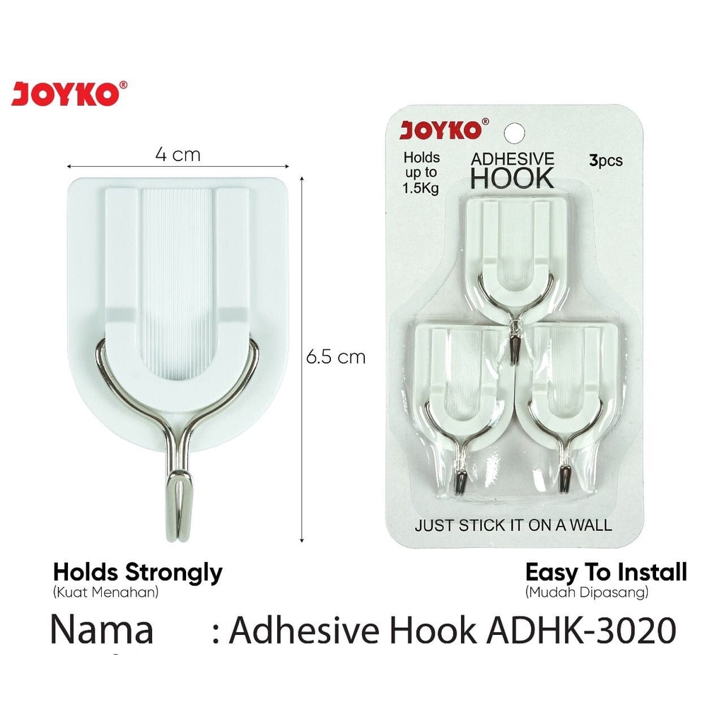 

Gantungan Adhesive Hook Tempel Dinding Kait Perekat Joyko Adhk-3020