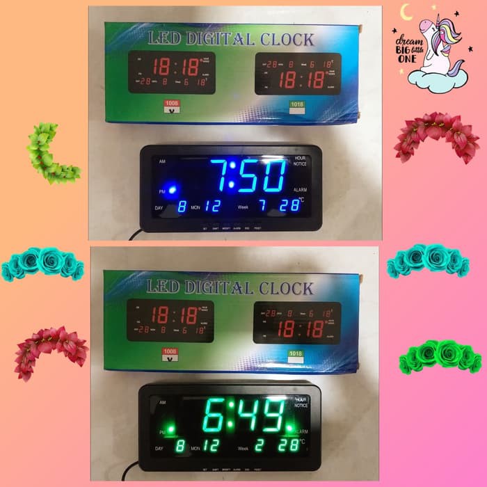 Jam Clock LED Digital Alarm Biru Hijau Meja Dinding 1008 Size 10x21cm