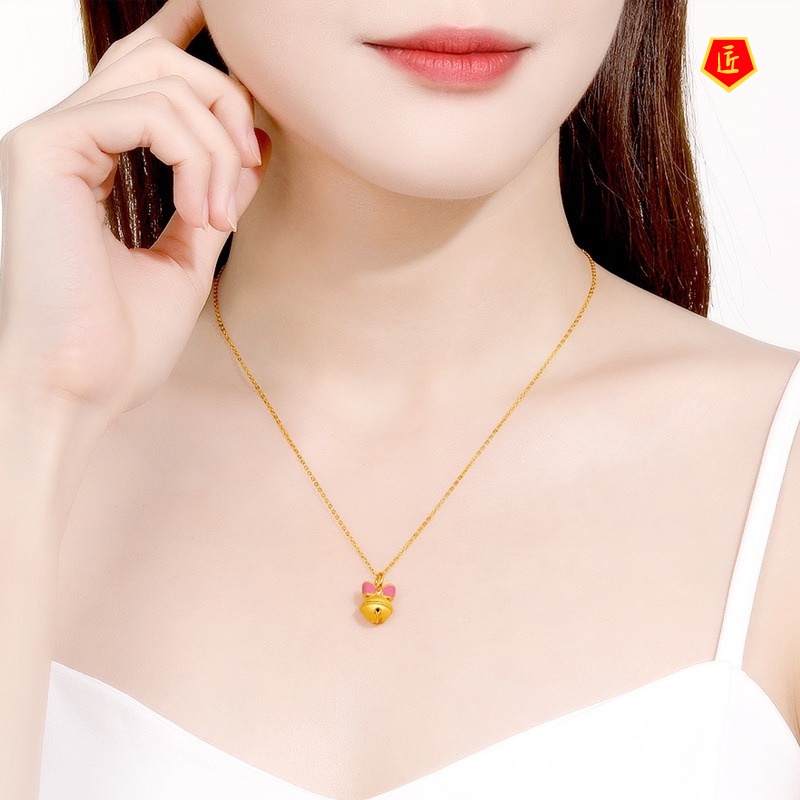 [Ready Stock]3D Golden Bell Pendant Female Lucky Beads Bow Necklace Cute Sweet