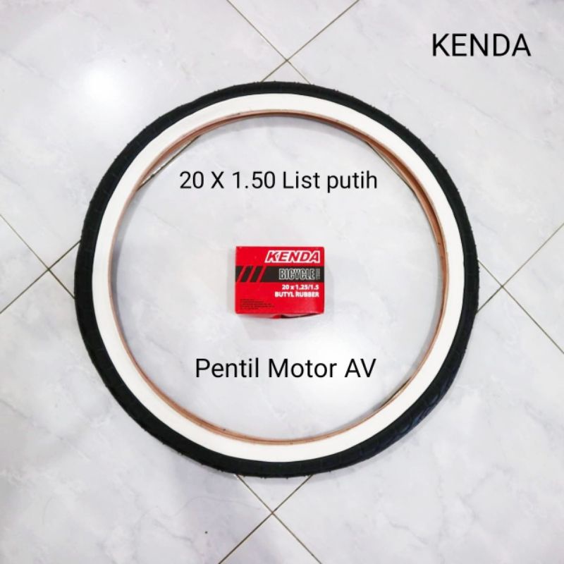 PAKET HEMAT BAN SEPEDA 20 X 1.50 KENDA LIST PUTIH PLUS BAN DALAM PENTIL MOTOR AV UNTUK SEPEDA LIPAT 