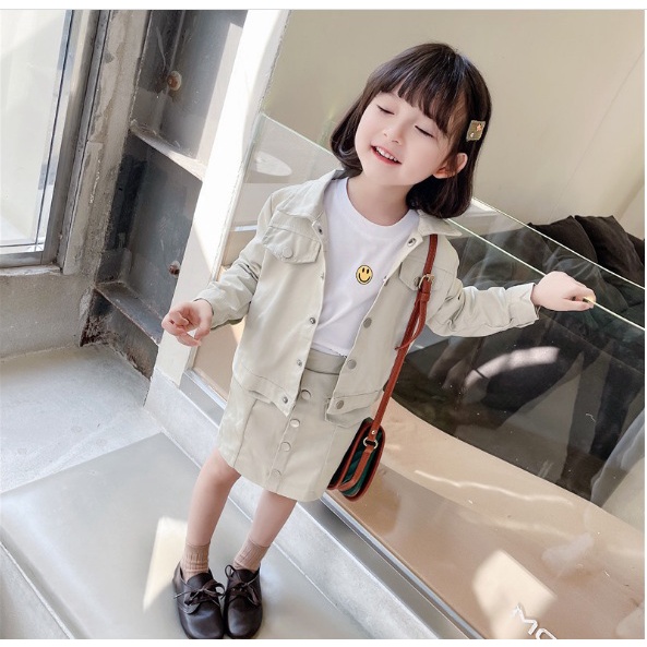 SETELAN LENGAN PANJANG + ROK ANAK CEWEK MODEL KEMEJA CREAM PINK  100-140 KANCING BULAT BULAT