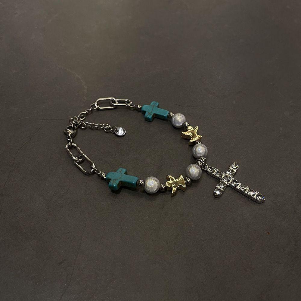 Mxbeauty Kalung Pria Hip-hop Vintage Liontin Salib Fashion Perhiasan Turquoise Beads Titanium Steel Tali Tangan