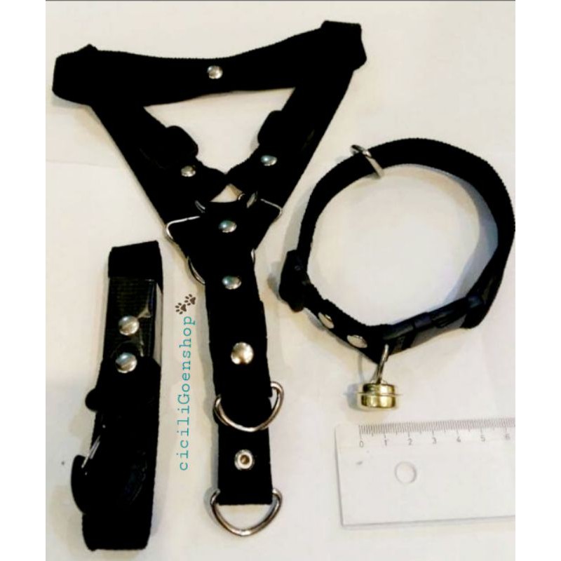 1 set Kalung lonceng + harness badan+ tali tuntun 2cm untuk anjing kucing