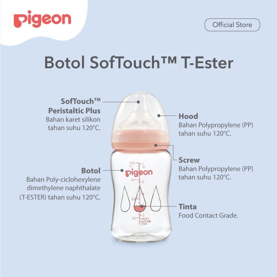 Pigeon Botol T-Ester Wide Neck w/ P-Plus Nipple 200ML - Botol Susu Anak Bayi