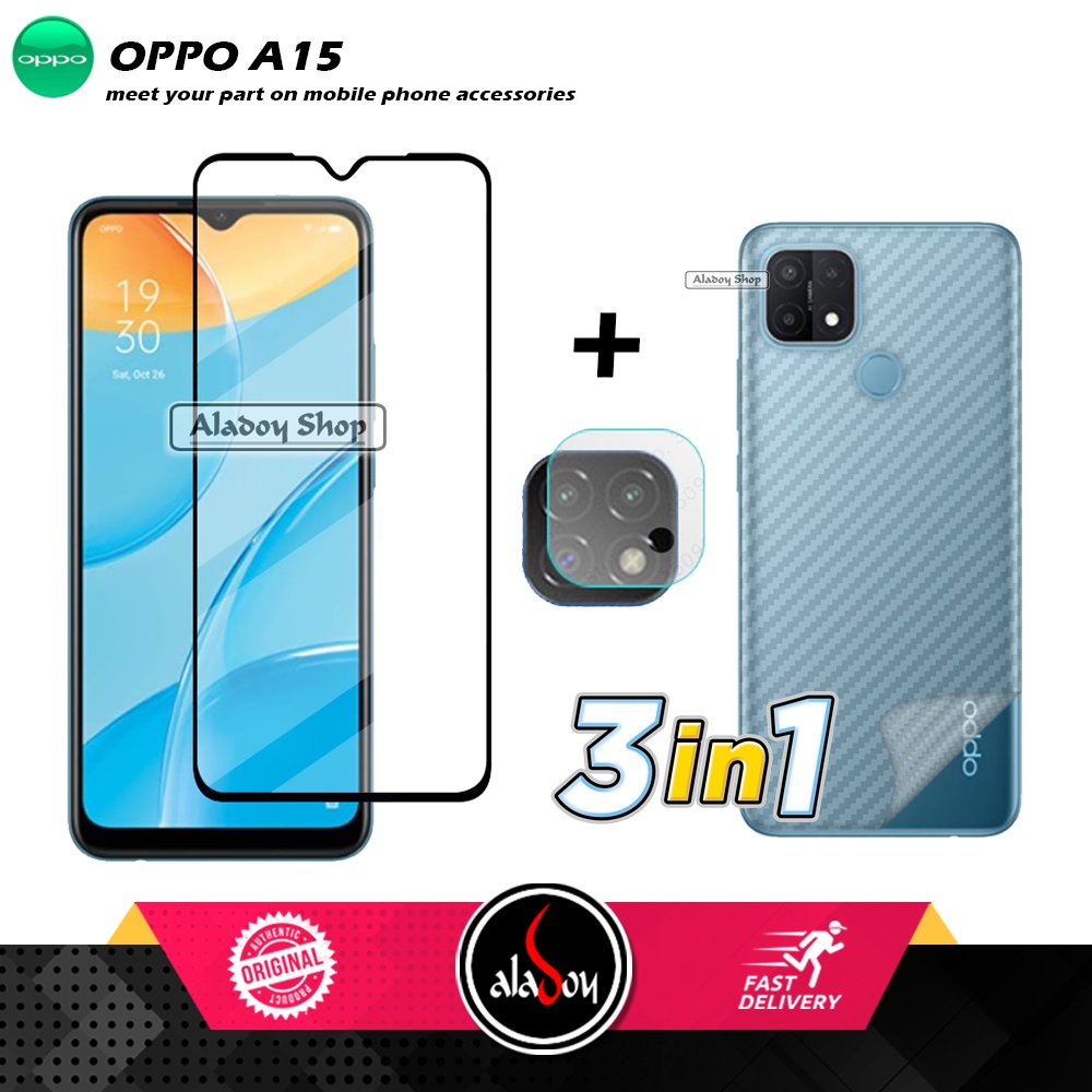 PAKET 3 IN 1 Tempered Glass Layar Oppo A15 Free Tempered Glass Camera dan Skin Carbon