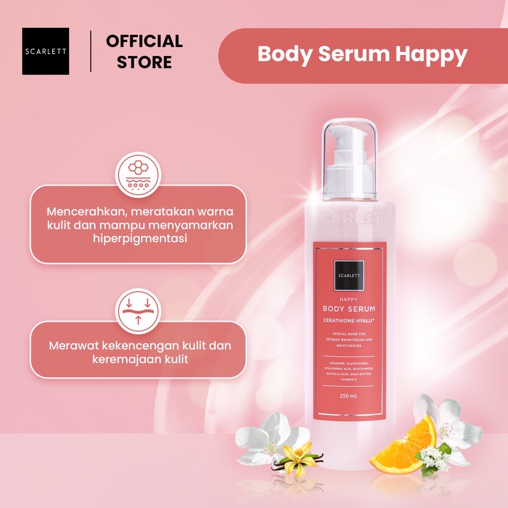 SCARLETT Whitening Body Serum Indonesia / Body Care / Perawatan Kulit Tubuh / Happy Freshy Jolly Charming Romansa Fantasia Pomegrante Coffee 250ml / Moisturizer Pelembab Parfum / Shower Scrub Cream Lotion / Treatment Skincare Series Package Paket Lengkap