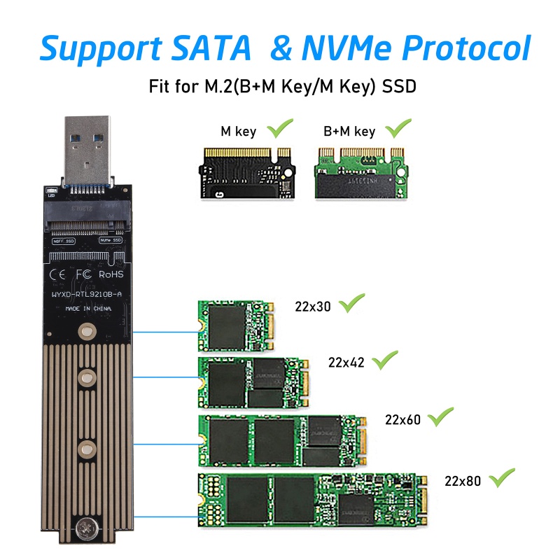 Btsg NVME USB 3.1 Adapter M-Key to USB Card Reader Bridge Chip Dengan 10gbps Untuk 950.960.970 Evo/Pro