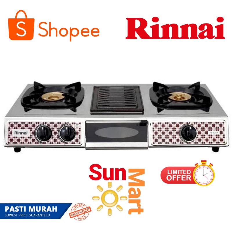 RINNAI Kompor Gas 524 A 2 Tungku Dan Grill Pan / KOMPOR RINNAI 524A