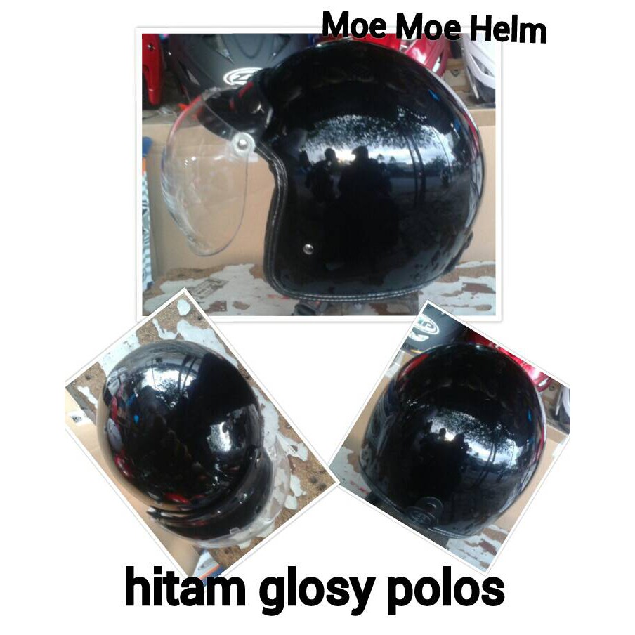 HM-666 Helm Bogo Retro Hitam Glosy Polos Murah