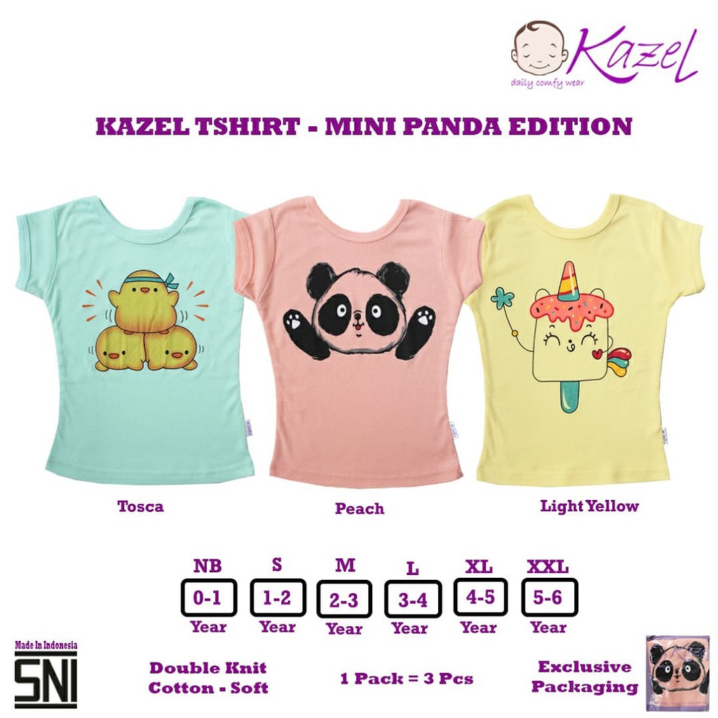 Kazel Tshirt MINI PANDA Edition - Baju Kaos Oblong Anak isi 3