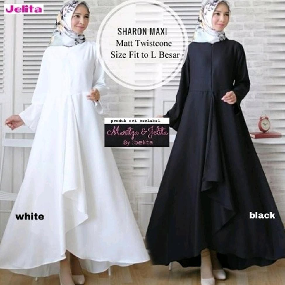 DISKON SFS SHARON MAXI WANITA HIJAB BAJU MUSLIM GAMIS SYARI PUTIH HITAM PANJANG MODIS MAXI MODERN