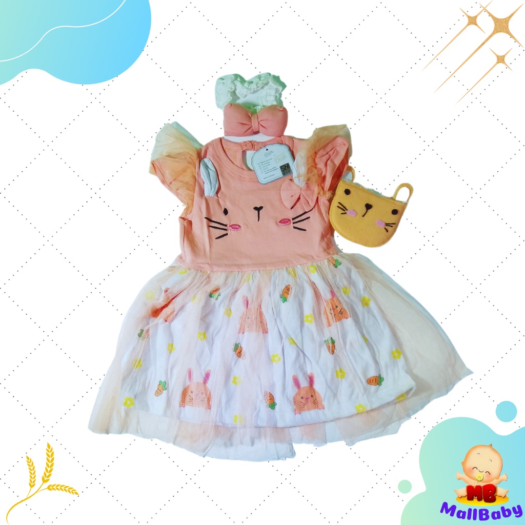 Baju Bayi Perempuan Dress Lucu set 3 6 9 12 Bulan Gaun Bayi Bandana Tas Bayi Cute Mice