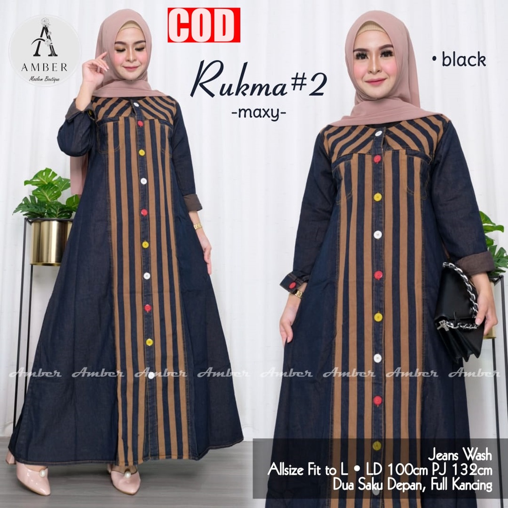 RUKMA #2 MAXY Gamis Wanita Terbaru 2020 Bahan Jeans Wash Motif Salur BUSUI