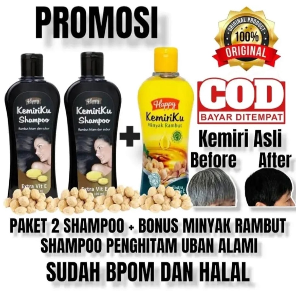 Paket Happy Kemiriku Shampoo &amp; Minyak Kemiri Perawatan rambut berUban / perawatan rambut rontok / penumbuh rambut kandungan asli extrak kemiri