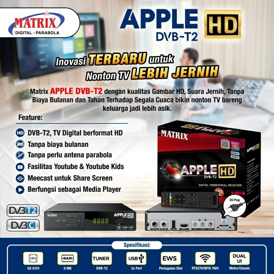 RECEIVER DVBT2 ANTENA TV DIGITAL MATRIX APPLE HD TV