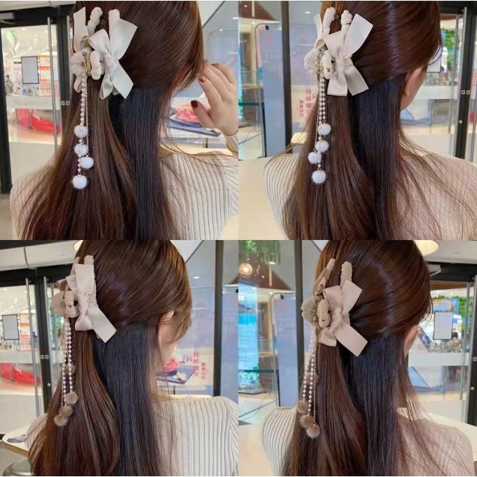 COD❤️Klip Rumbai Mewah Hiu Hiasan Kepala Jepit Rambut Besar Pita Bulu Lembut Korean Fashion Wanita Jepit Gantungan Lucu-A.one