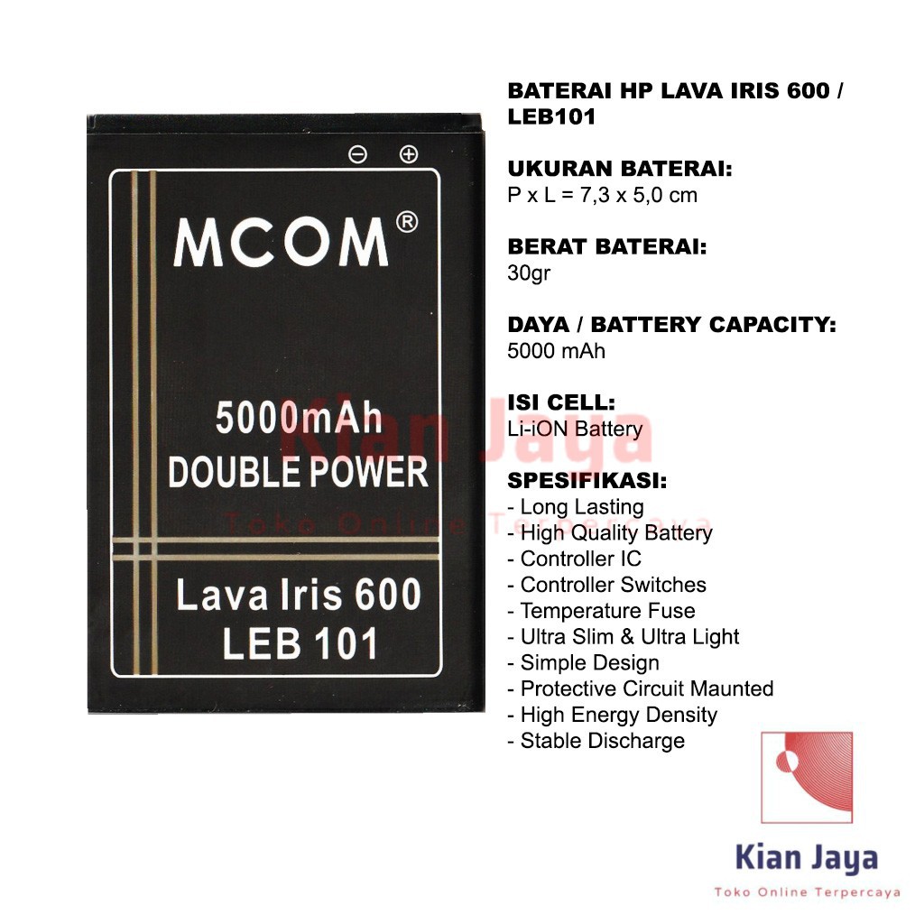 MCOM Baterai LAVA Iris 600 / LEB101 Original Double Power Batre Batrai Battery Ori