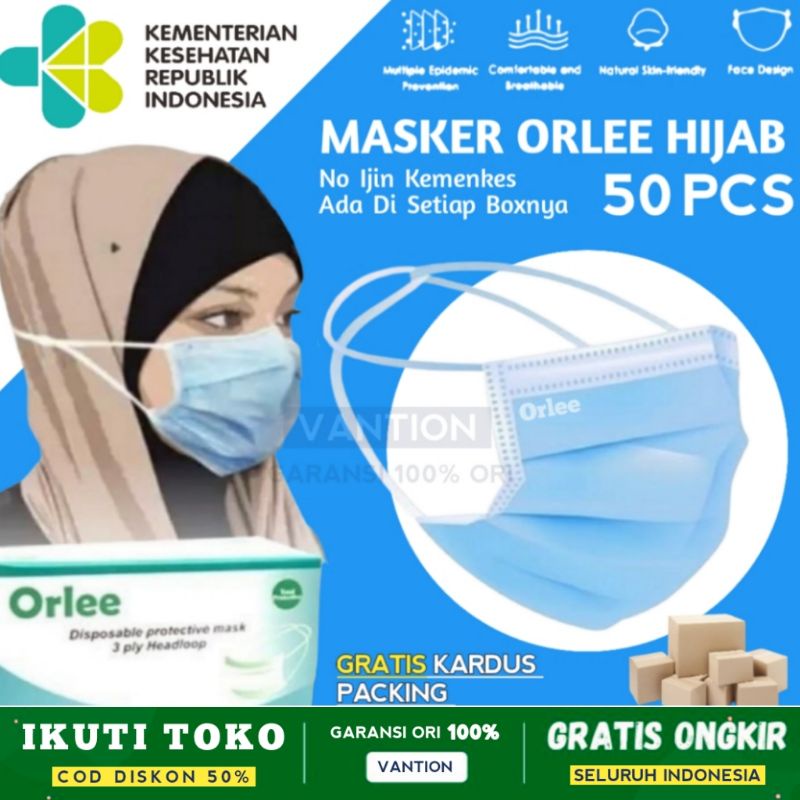 ORLEE Masker Hijab Medis Biru Blue 3Ply 3 Ply Headloop Anti Virus Metblown Ijin Kemenkes 50
