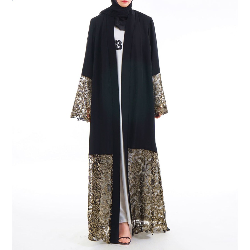 FREEONGKIR Hitam Laser Dipotong Renda Baju Muslim Abaya Wanita Islam Malaysia Jilbab Djellaba Jubah