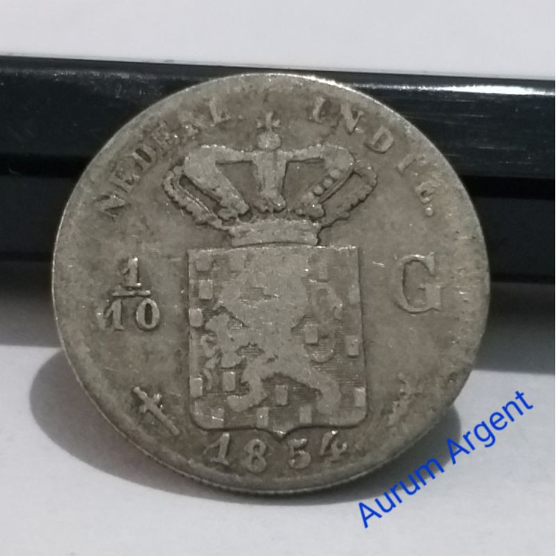 SC.7-- 1 PC KOIN PERAK KUNO ASLI 1/10 GULDEN NEDERL INDIE TH 1854. -- SILVER COIN --