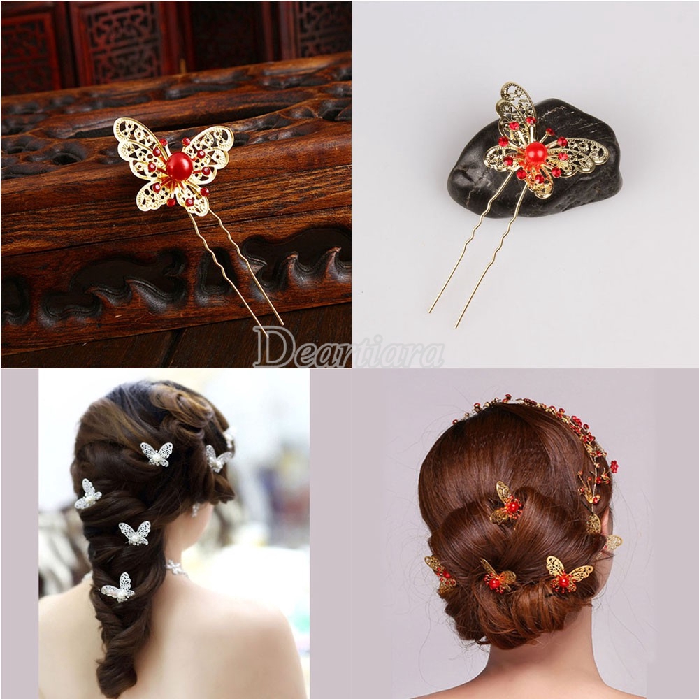 The Bride Accessories Butterfly Fork Sparkling Silver Pearl Hairpin Wedding