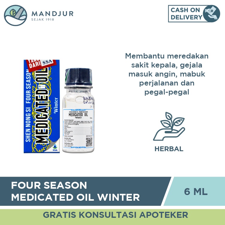 Four Season Medicated Oil Winter 6 mL - Minyak angin Pereda Sakit Kepala, Masuk Angin, dan Mual Mabuk Perjalanan