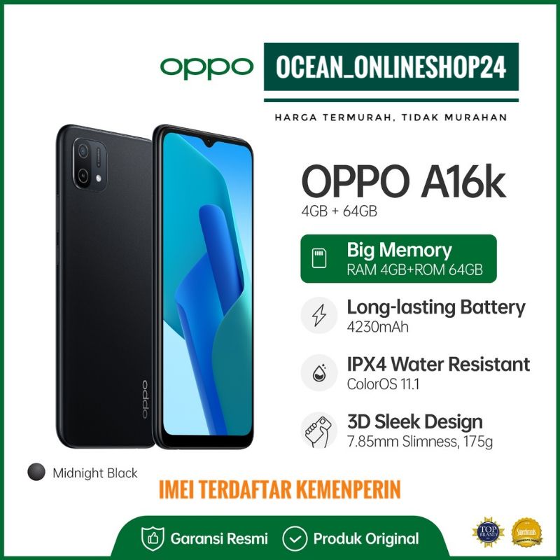 OPPO A16k RAM 4GB 64GB - MIDNIGHT BLACK - IPX4 - 4230mAh - GRS RESMI
