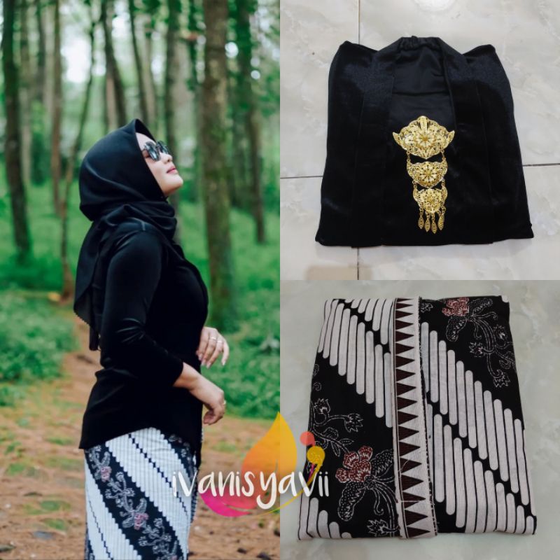 [1 Set] Kebaya + Jarik Instan / Nuansa Hitam Putih - Motif Lereng Stik