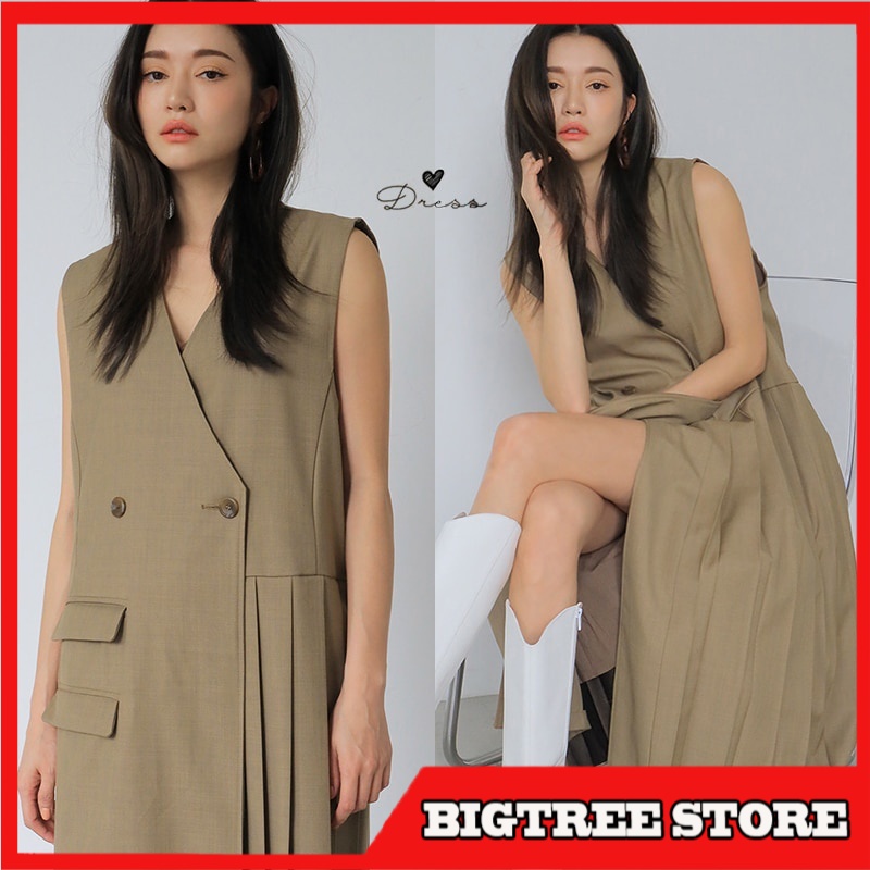 Dress Panjang Wanita Korea Long  Summer Sexy Sleeveless Casual Midi Sunes  Ladies Pleated blazer es 