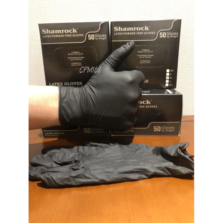 SHAMROCK LATEX POWDER FREE GLOVES BLACK / SHAMROCK SARUNG TANGAN LATEX HITAM