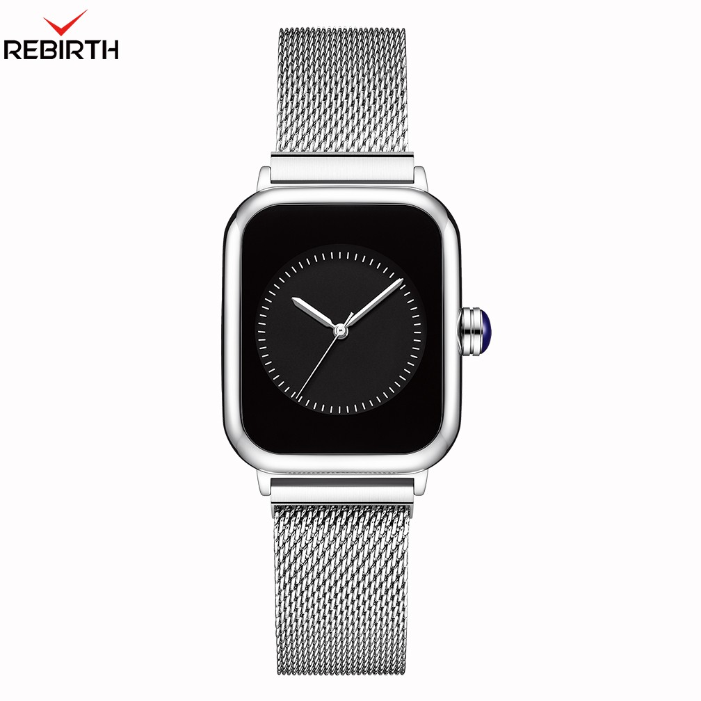 REBIRTH Jam Tangan Wanita Mode Bisnis Display Kuarsa Jam Wanita Tali Jala Tahan Air Jam Tangan Cewek Jam-SilverBlack