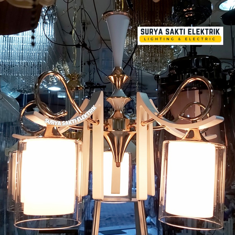 LAMPU GANTUNG MINIMALIS RUANG TAMU CABANG 5 WARNA PUTIH GOLD RUANG KELUARGA RUANG MAKAN