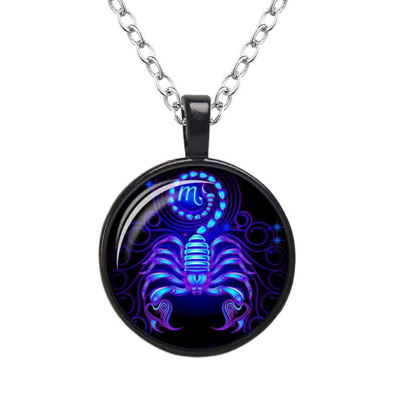 Kalung Rantai Liontin 12 Zodiak Libra Aries Leo Glass Untuk Pria Dan Wanita