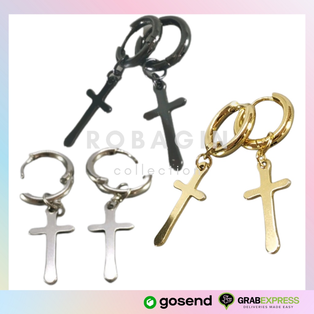 Robagin Ant104 Sepasang Anting Salib Pria Wanita Stainless Anti Karat Perak Emas Hitam Bts Murah