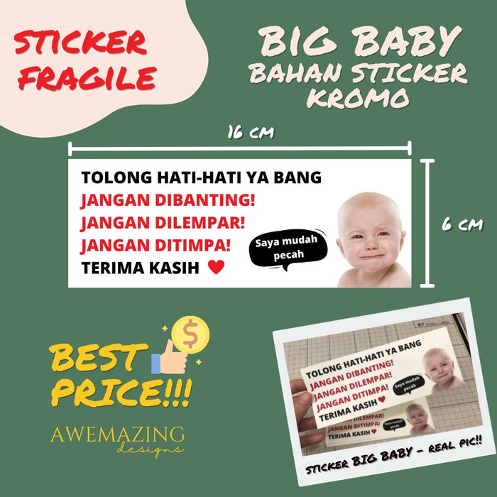 STICKER FRAGILE LUCU UKURAN BESAR 16 cm x 6 cm