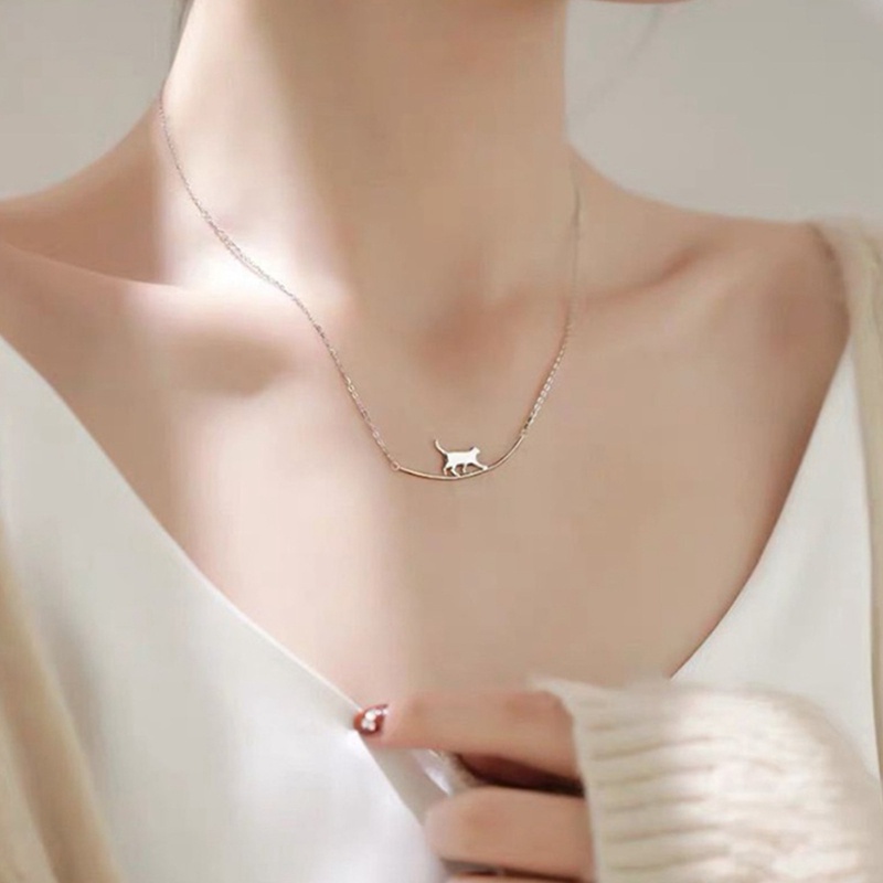 New Fashion Cat Curved Simple Personality 925 Sterling Silver Jewelry Cute Animal Walking Cat Clavicle Chain Necklaces