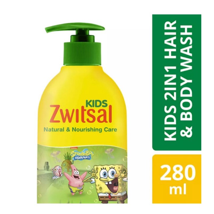 Zwitsal Kids 2 in 1  Hair &amp; Body Wash 280 ml / Zwitsal Spongebob Pink Hijau sabun shampoo anak 280ml