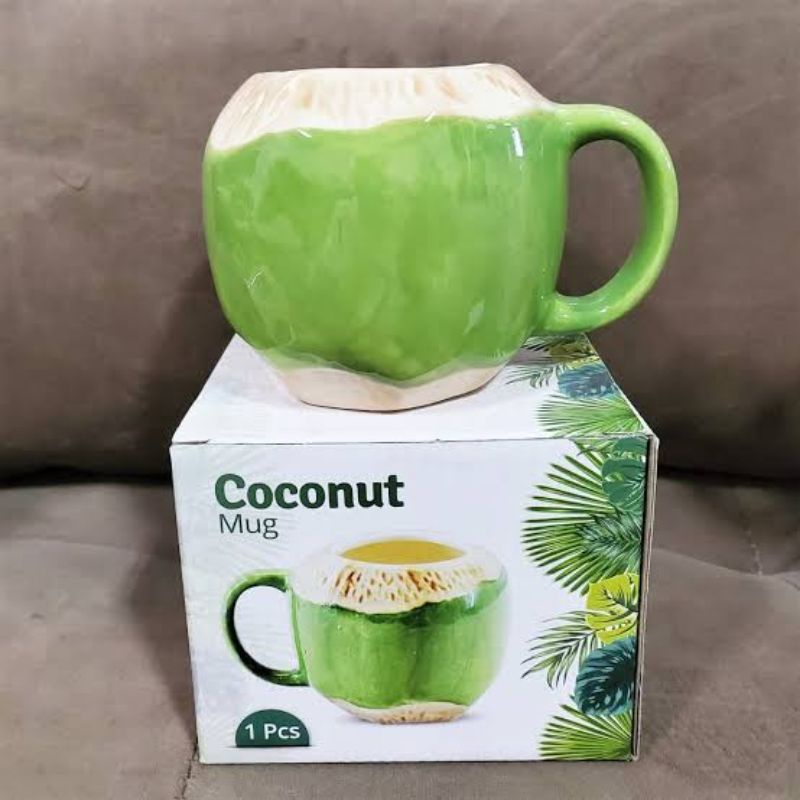 White Line Mug Coconut Gelas Keramik Kelapa Hijau Unik
