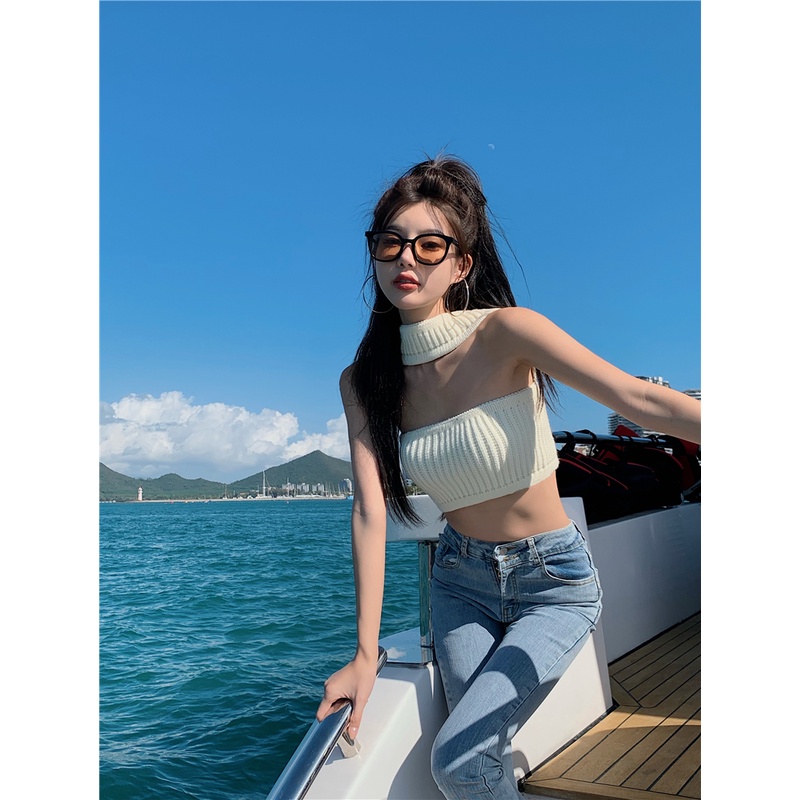 Suhao American Halter Knit Kamisol Tank Top Kemeja Bawahan Wanita Atasan Pendek