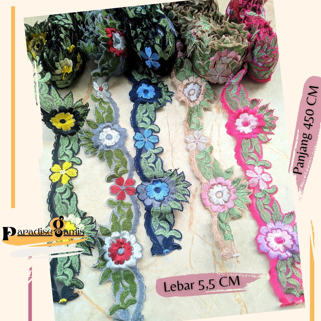 Renda Bordir Tempel Bunga 4,5 Meteran