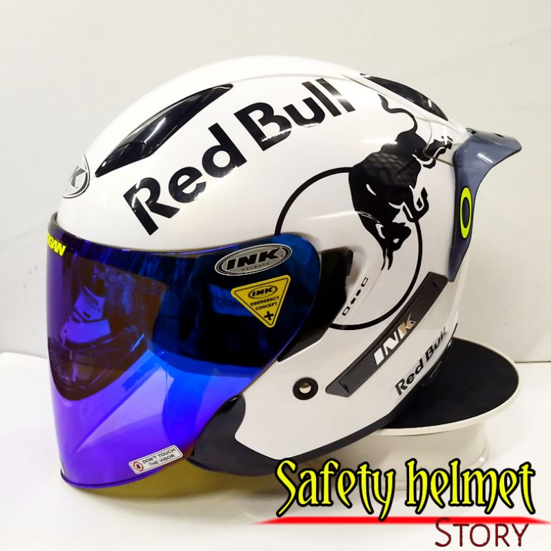 Helm INK METRO 2 solid White modif Paket Ganteng (White redbull)Helm original-P.G WHITE KC BLUE