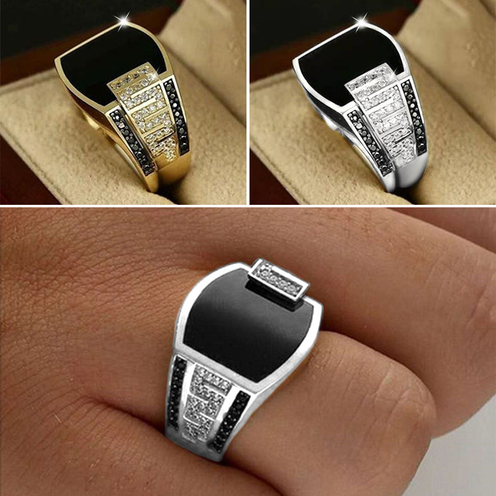 Enamel Berlian Hitam Cincin Pria Baja Titanium perak Emas Aksesoris Perhiasan Fashion Gold Silver Rings