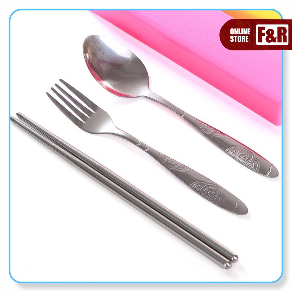 1 Set Alat Makan Sendok Garpu Sumpit Stainless Steel + Box Portable Travel Cutlery Set Food Grade