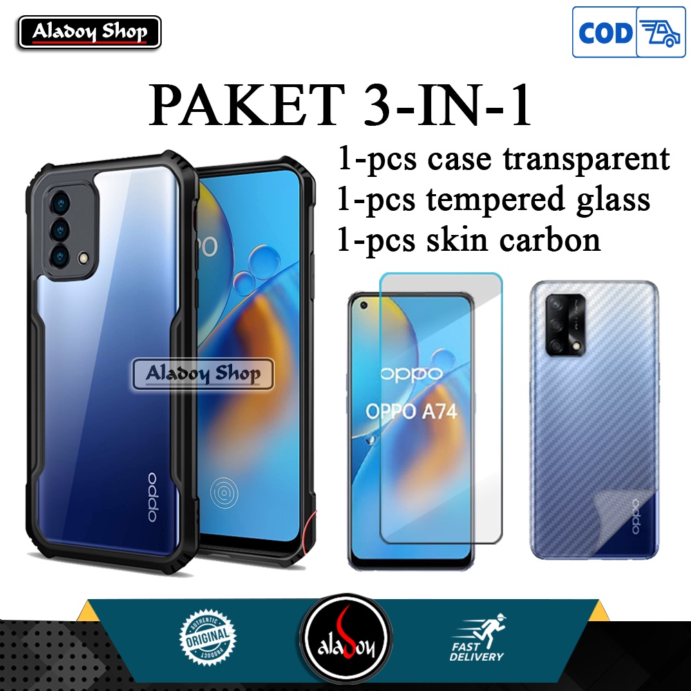 PAKET Case Oppo A74 2021 Casing + Tempered Glass Clear + Skin Carbon