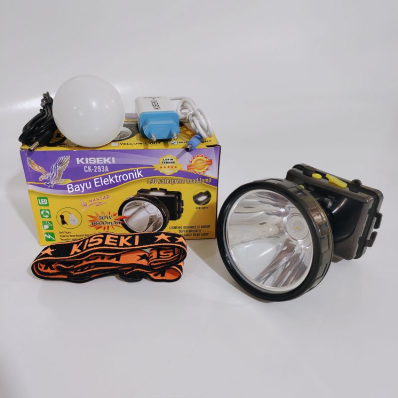 Senter Kepala Kiseki 50 Watt CK-293A Cahaya Putih Bonus Bohlam LED Super Terang Waterproof