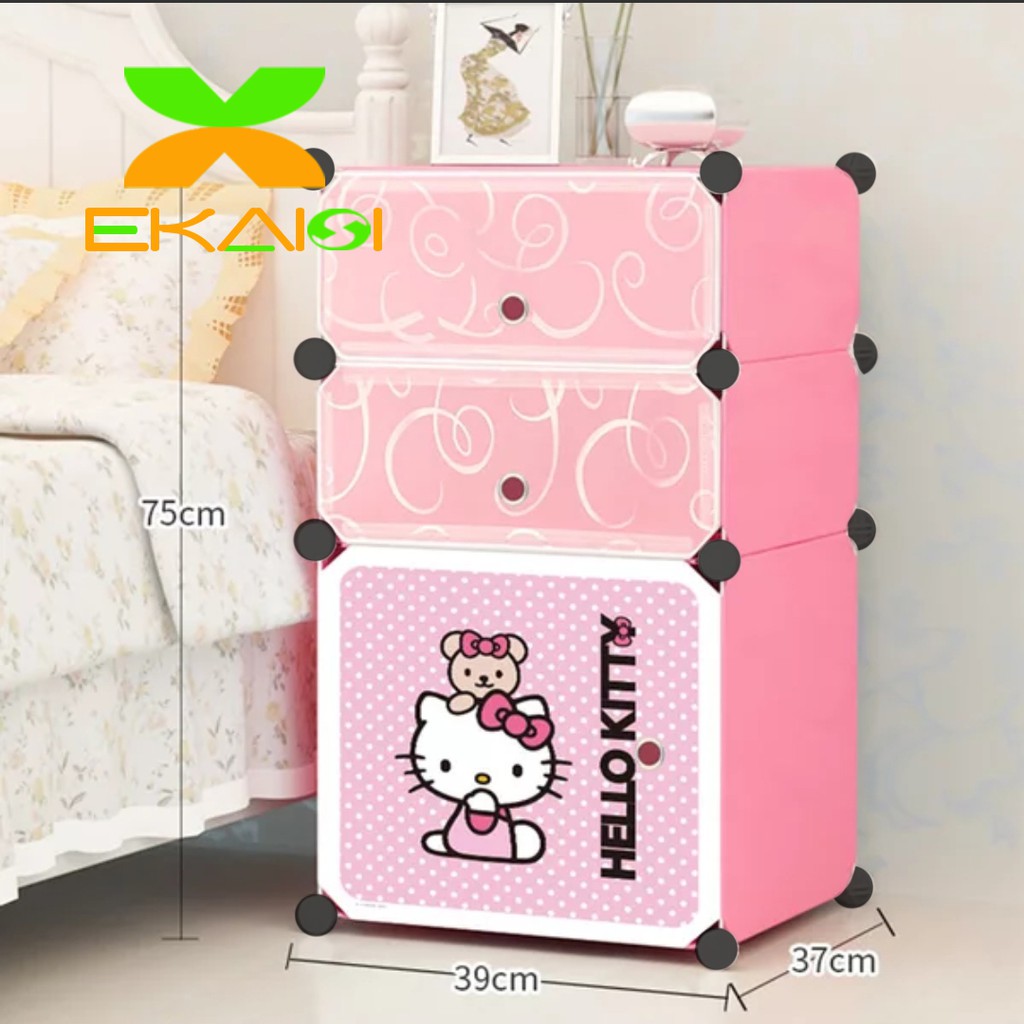 Ekaisi Lemari plastik bedside table anti air rak buku susun 3 pintu/kotak hello kitty