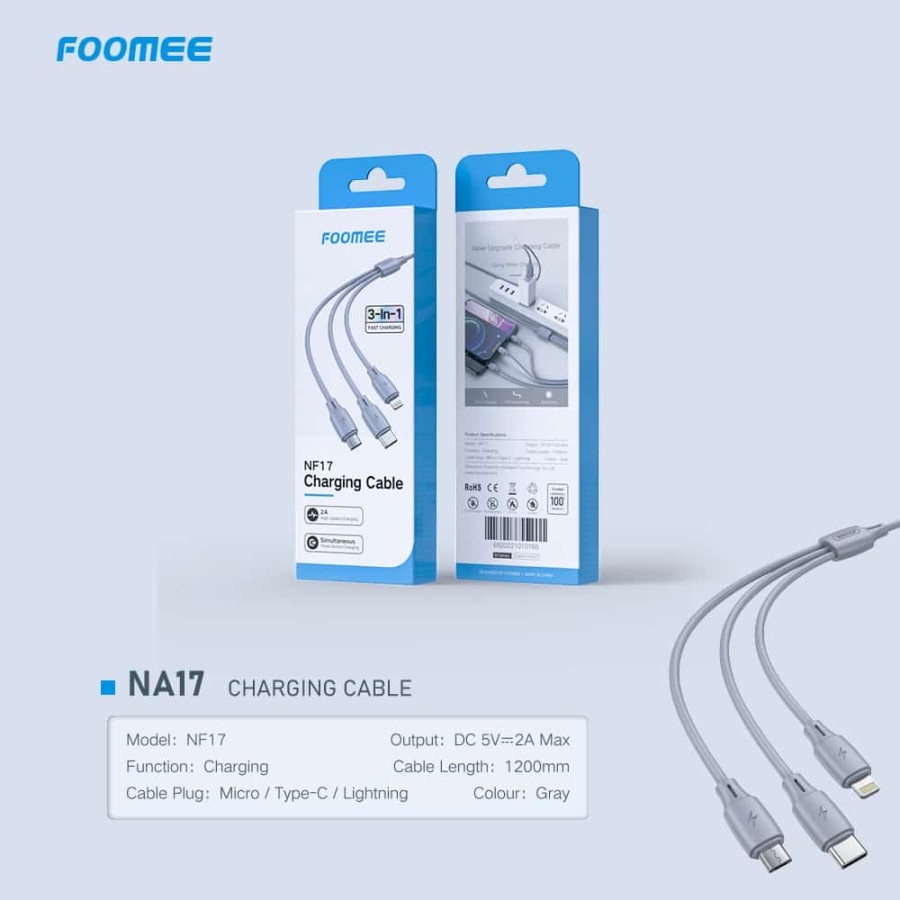 Kabel Data Foomee NF17 3 in 1 Micro USB Type C Lighting Fast Charging