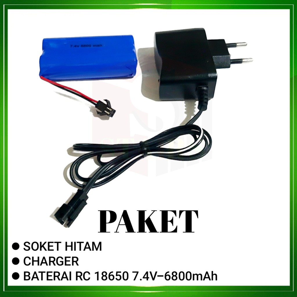 Baterai Mobil RC + Adaptor Charger Baterai Type 18650 Li-ion 3.7v - 6800mAh Socket Hitam