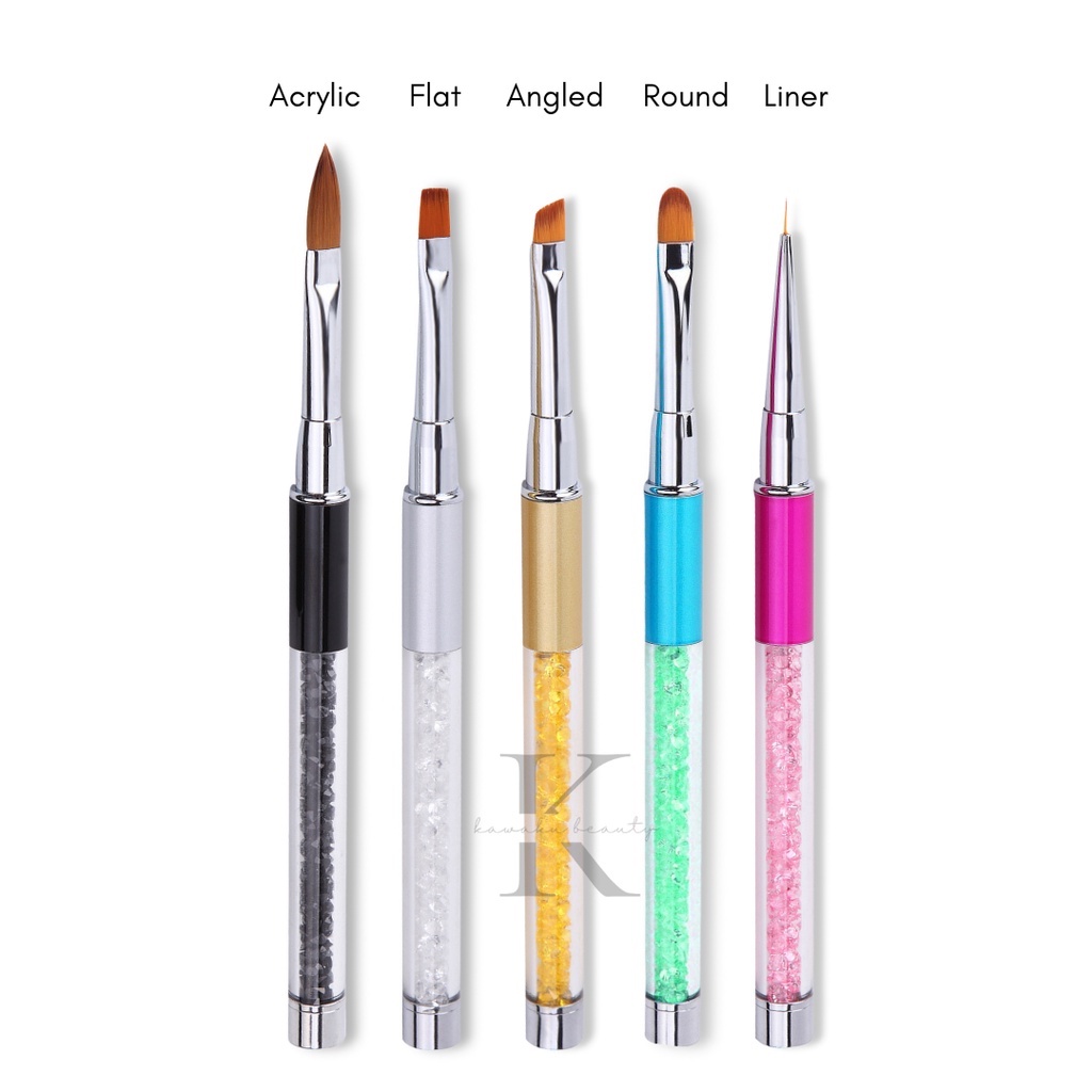 Brush Kuas Nail Art Crystal Besar + penutup / Angled / Acrylic / Round / Liner / Flat