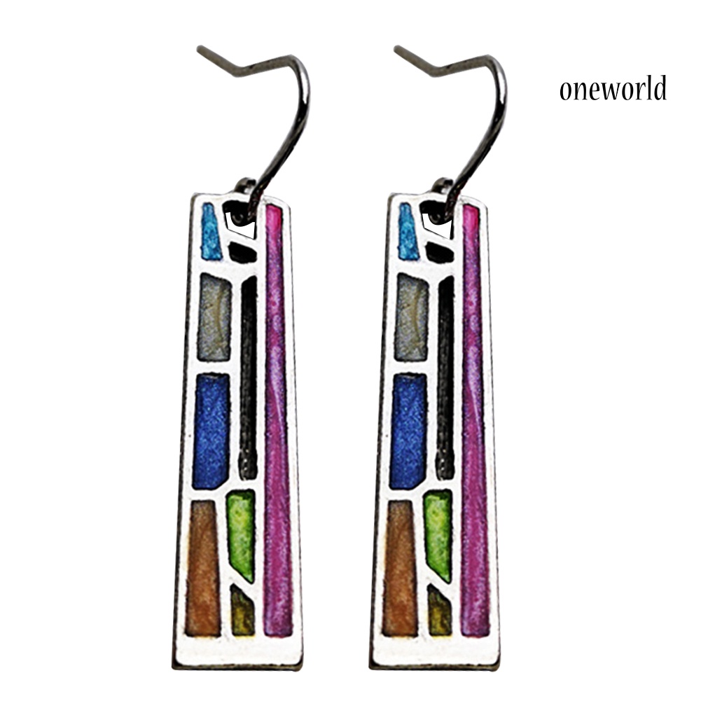 OW@ Party Fashion Colorful Hollow Out Rectangle Pendant Women Hook Earrings Jewelry